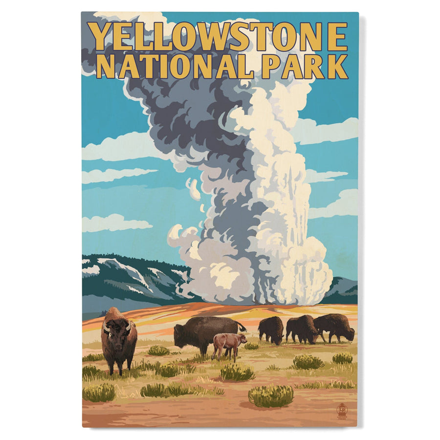 Yellowstone National Park, Wyoming, Old Faithful Geyser & Bison Herd, Lantern Press Artwork, Wood Signs and Postcards Wood Lantern Press 