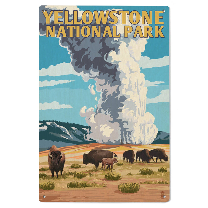 Yellowstone National Park, Wyoming, Old Faithful Geyser & Bison Herd, Lantern Press Artwork, Wood Signs and Postcards Wood Lantern Press 