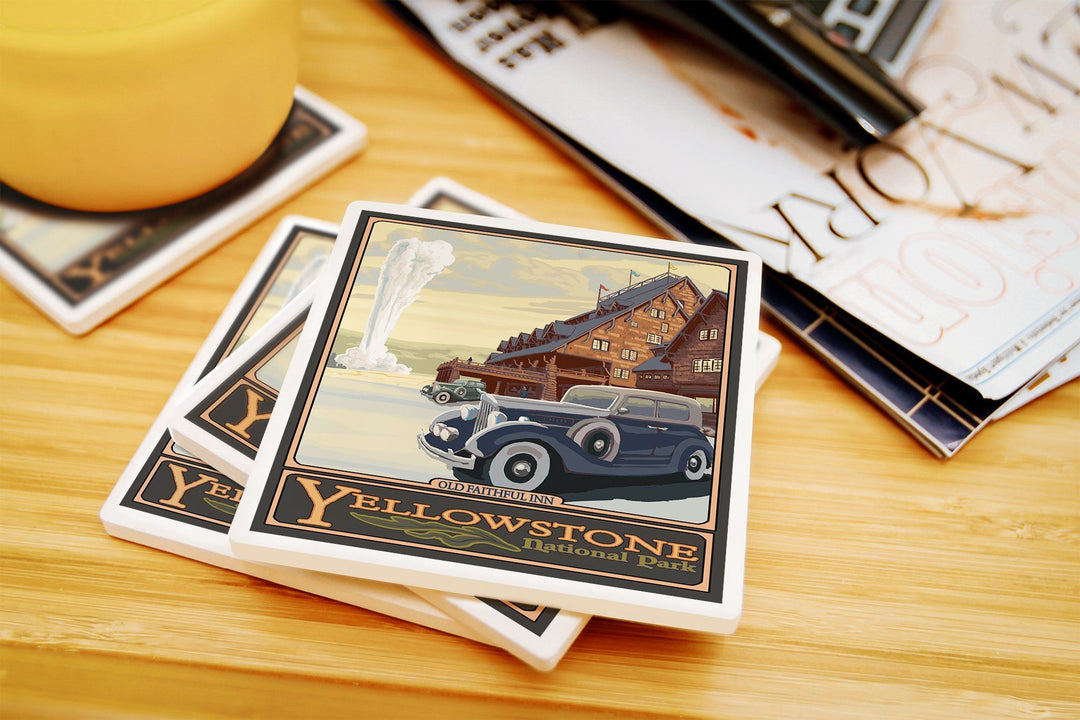 Yellowstone National Park, Wyoming, Old Faithful Inn, Lantern Press Artwork, Coaster Set Coasters Nightingale Boutique 