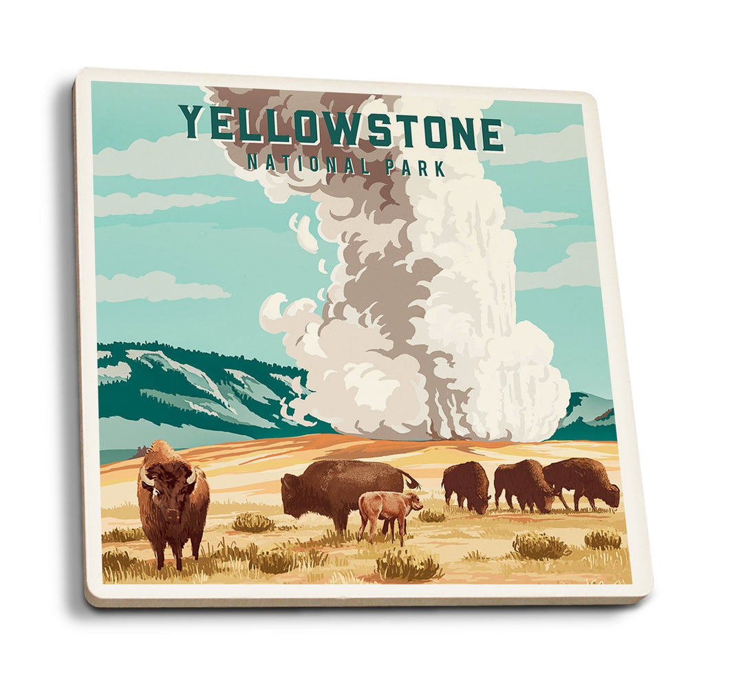 Yellowstone National Park, Wyoming, Painterly, Bison and Geyser, Coaster Set Coasters Lantern Press 