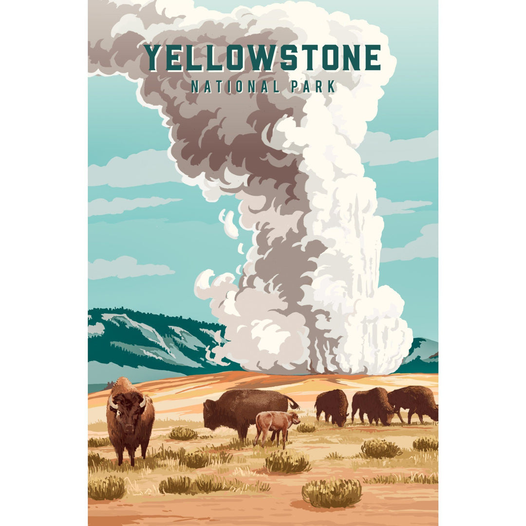 Yellowstone National Park, Wyoming, Painterly, Bison and Geyser, Towels and Aprons Kitchen Lantern Press 