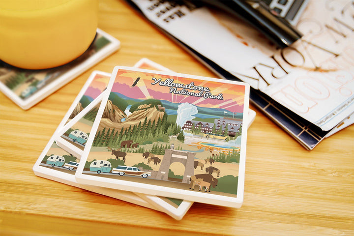 Yellowstone National Park, Wyoming, Retro View, Lantern Press Artwork, Coaster Set Coasters Nightingale Boutique 