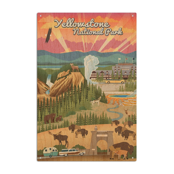Yellowstone National Park, Wyoming, Retro View, Lantern Press Artwork, Wood Signs and Postcards Wood Lantern Press 10 x 15 Wood Sign 
