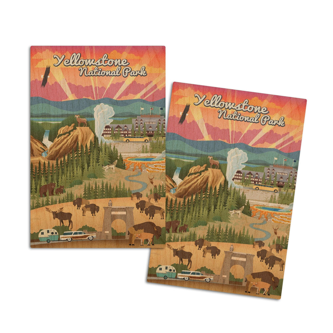 Yellowstone National Park, Wyoming, Retro View, Lantern Press Artwork, Wood Signs and Postcards Wood Lantern Press 4x6 Wood Postcard Set 