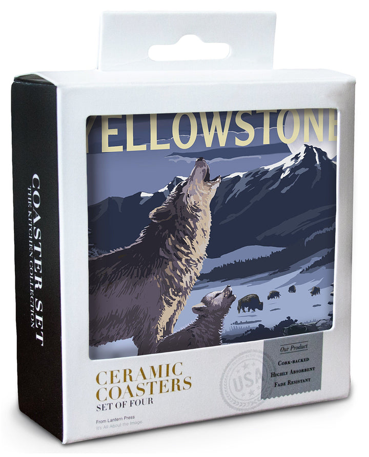 Yellowstone National Park, Wyoming, Wolves & Full Moon, Lantern Press Artwork, Coaster Set Coasters Nightingale Boutique 