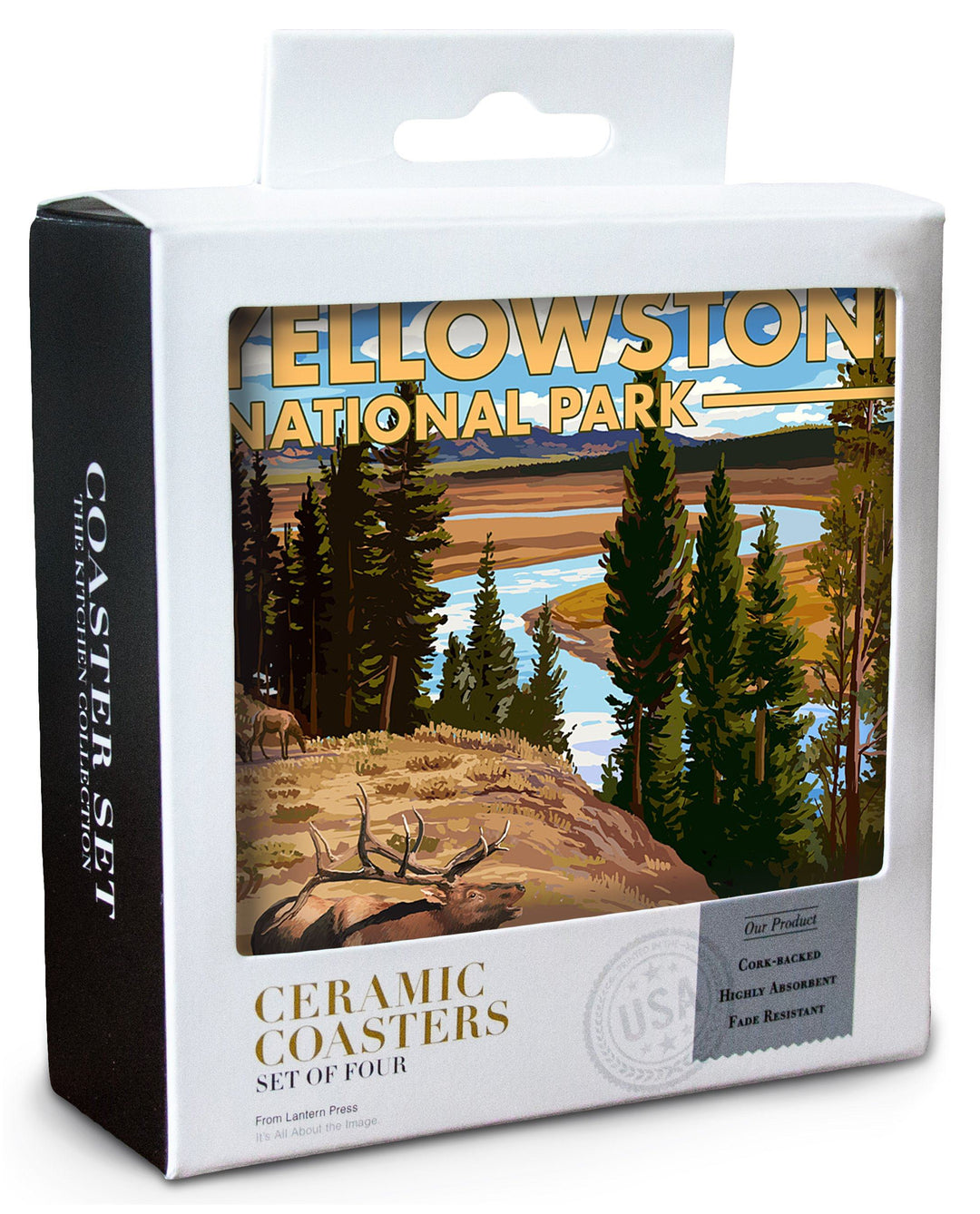 Yellowstone National Park, Wyoming, Yellowstone River & Elk, Lantern Press Artwork, Coaster Set Coasters Nightingale Boutique 