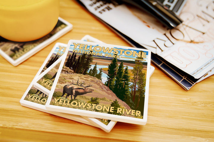 Yellowstone National Park, Wyoming, Yellowstone River & Elk, Lantern Press Artwork, Coaster Set Coasters Nightingale Boutique 