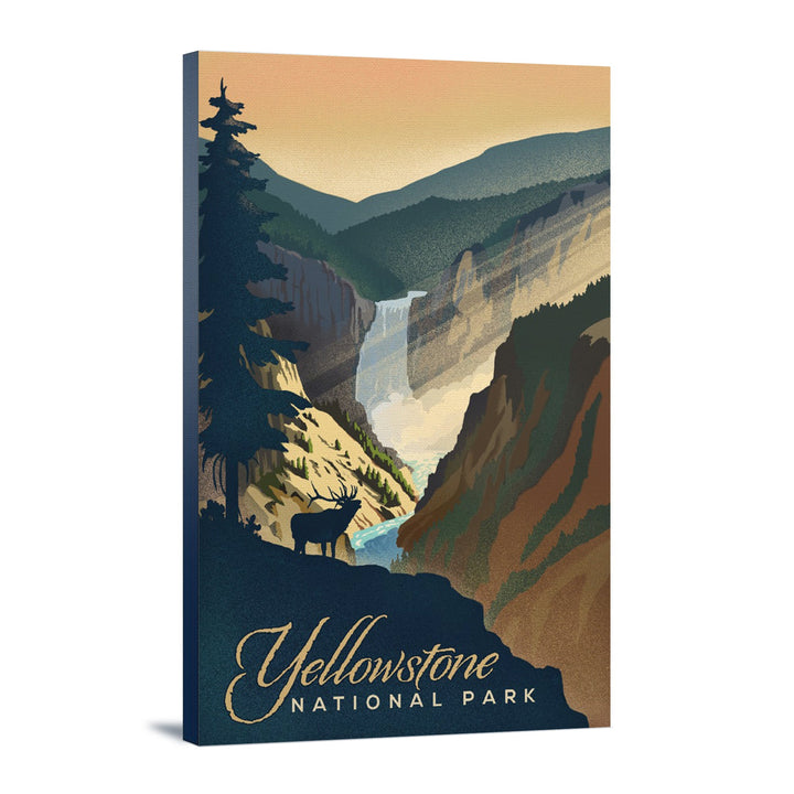 Yellowstone National Park, Yellowstone Falls, Lithograph, Lantern Press Artwork, Stretched Canvas Canvas Lantern Press 12x18 Stretched Canvas 