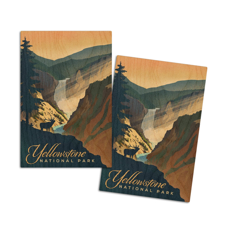 Yellowstone National Park, Yellowstone Falls, Lithograph, Lantern Press Artwork, Wood Signs and Postcards Wood Lantern Press 4x6 Wood Postcard Set 