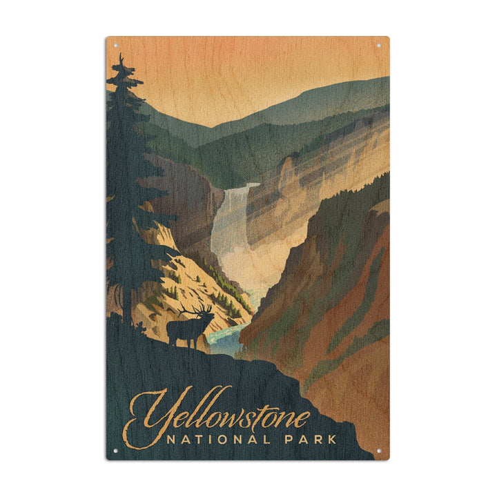 Yellowstone National Park, Yellowstone Falls, Lithograph, Lantern Press Artwork, Wood Signs and Postcards Wood Lantern Press 6x9 Wood Sign 