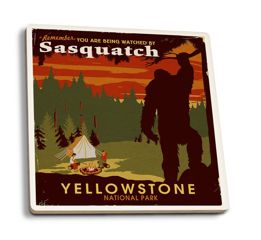Yellowstone National Park, You Are Being Watched By Sasquatch, Lantern Press Artwork, Coaster Set Coasters Nightingale Boutique 