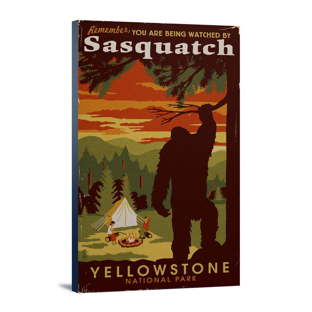 Yellowstone National Park, You Are Being Watched By Sasquatch, Lantern Press Artwork, Stretched Canvas Canvas Lantern Press 12x18 Stretched Canvas 