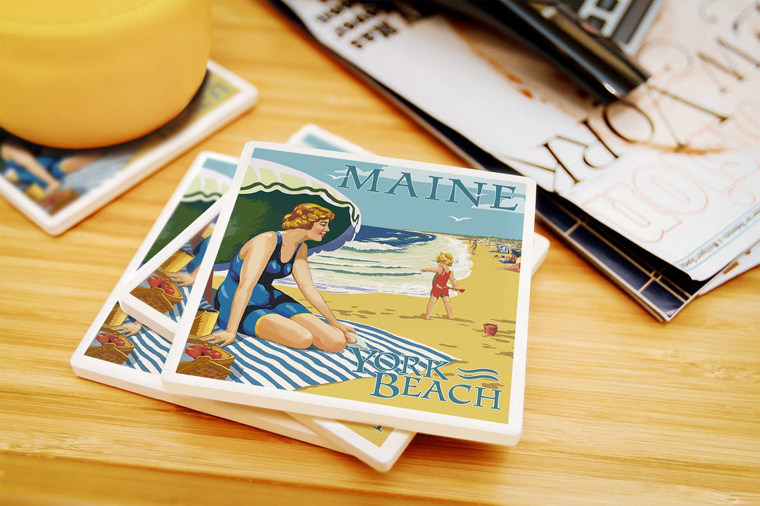 York Beach, Maine, Beach Scene, Lantern Press Artwork, Coaster Set Coasters Lantern Press 