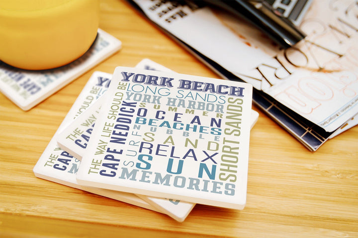 York Beach, Maine, Typography, Lantern Press Artwork, Coaster Set Coasters Lantern Press 