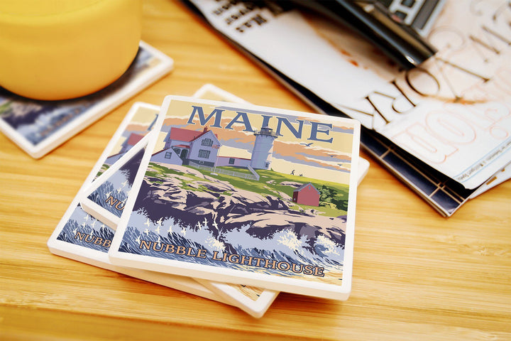 York, Maine, Nubble Lighthouse, Lantern Press Artwork, Coaster Set Coasters Nightingale Boutique 