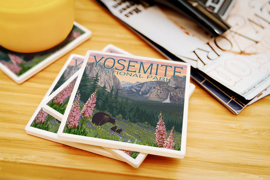 Yosemite National Park, California, Bear and Cubs with Flowers, Lantern Press Artwork, Coaster Set Coasters Nightingale Boutique 