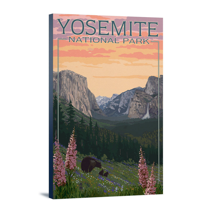 Yosemite National Park, California, Bear and Cubs with Flowers, Lantern Press Artwork, Stretched Canvas Canvas Lantern Press 