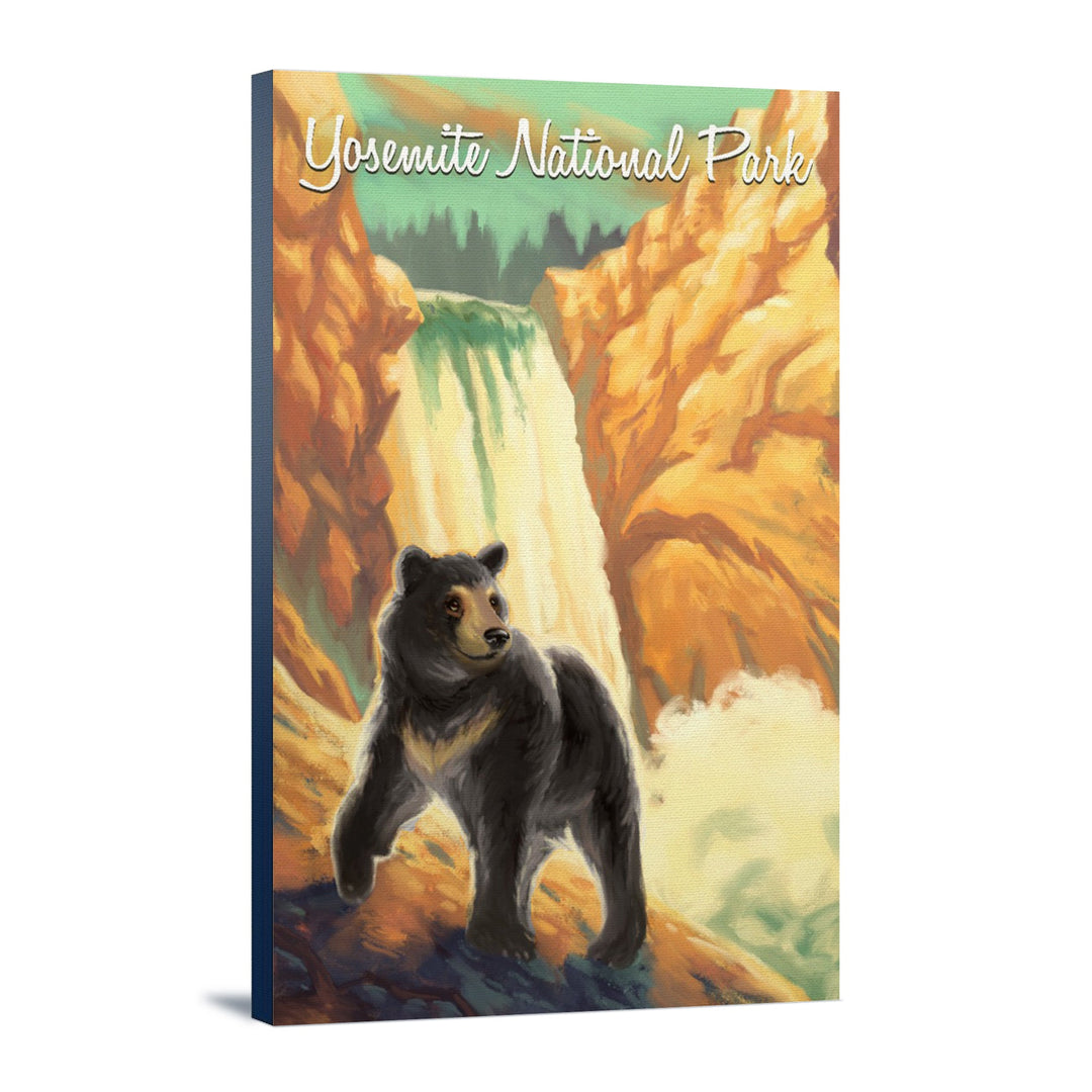 Yosemite National Park, California, Black Bear, Falls, Oil Painting, Lantern Press Artwork, Stretched Canvas Canvas Lantern Press 12x18 Stretched Canvas 