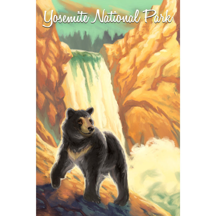 Yosemite National Park, California, Black Bear, Falls, Oil Painting, Lantern Press Artwork, Towels and Aprons Kitchen Lantern Press 