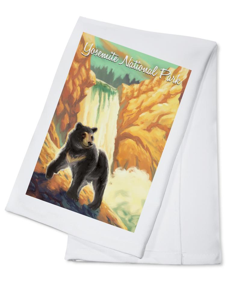 Yosemite National Park, California, Black Bear, Falls, Oil Painting, Lantern Press Artwork, Towels and Aprons Kitchen Lantern Press Cotton Towel 