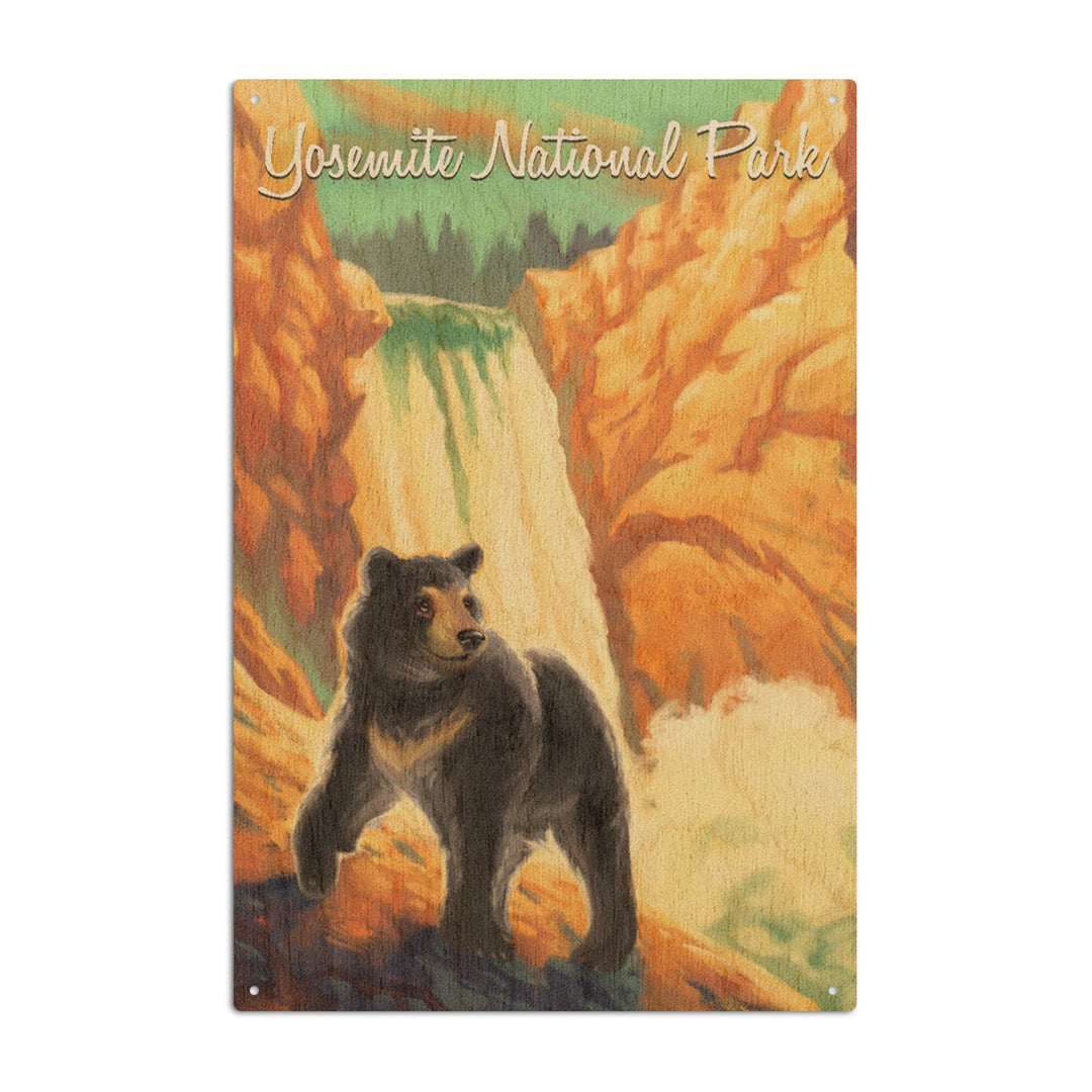 Yosemite National Park, California, Black Bear, Falls, Oil Painting, Lantern Press Artwork, Wood Signs and Postcards Wood Lantern Press 10 x 15 Wood Sign 
