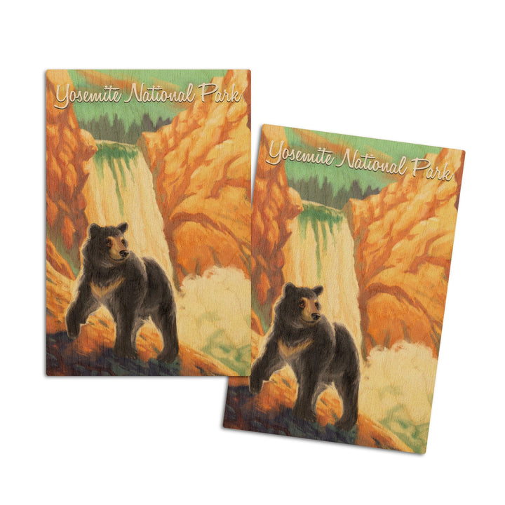 Yosemite National Park, California, Black Bear, Falls, Oil Painting, Lantern Press Artwork, Wood Signs and Postcards Wood Lantern Press 4x6 Wood Postcard Set 
