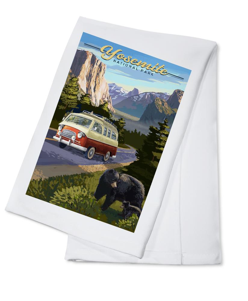 Yosemite National Park, California, Camper Van & Wildlife, Lantern Press Artwork, Towels and Aprons Kitchen Lantern Press Cotton Towel 
