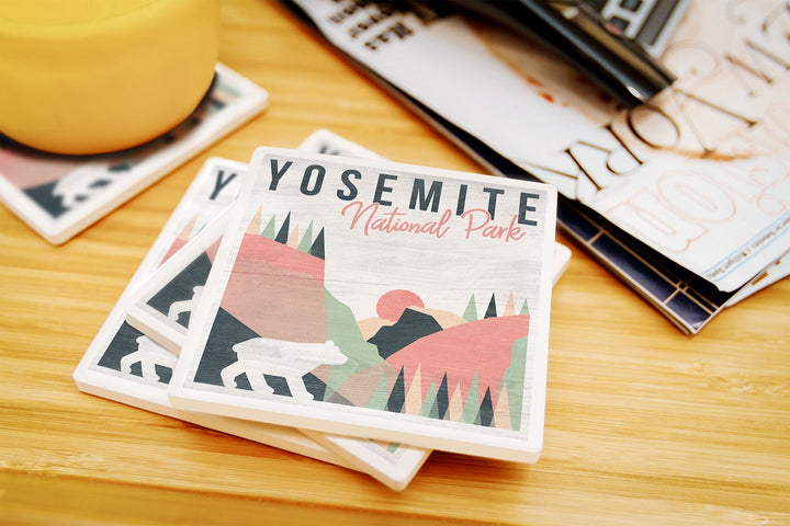 Yosemite National Park, California, El Capitan & Half Dome, Bear, Lantern Press, Coaster Set Coasters Nightingale Boutique 