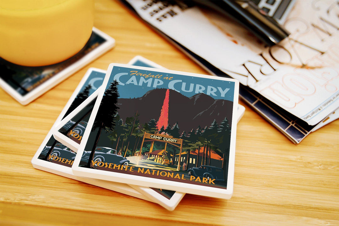Yosemite National Park, California, Firefall and Camp Curry, Lantern Press Artwork, Coaster Set Coasters Nightingale Boutique 