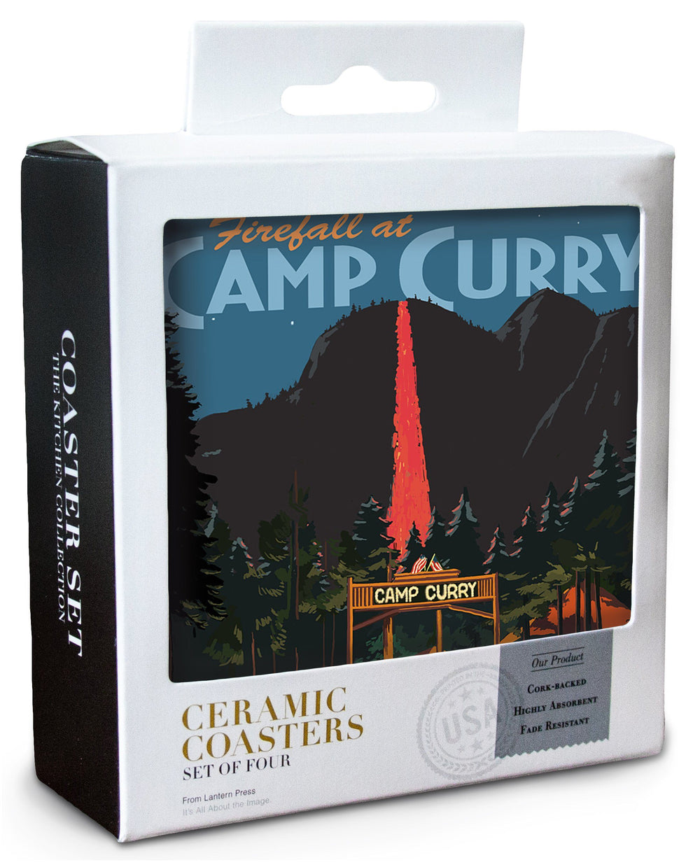 Yosemite National Park, California, Firefall and Camp Curry, Lantern Press Artwork, Coaster Set Coasters Nightingale Boutique 