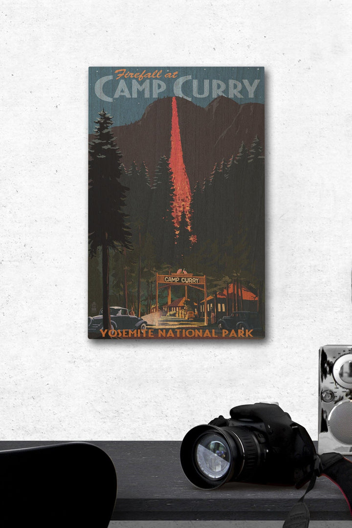 Yosemite National Park, California, Firefall and Camp Curry, Lantern Press Artwork, Wood Signs and Postcards Wood Lantern Press 12 x 18 Wood Gallery Print 