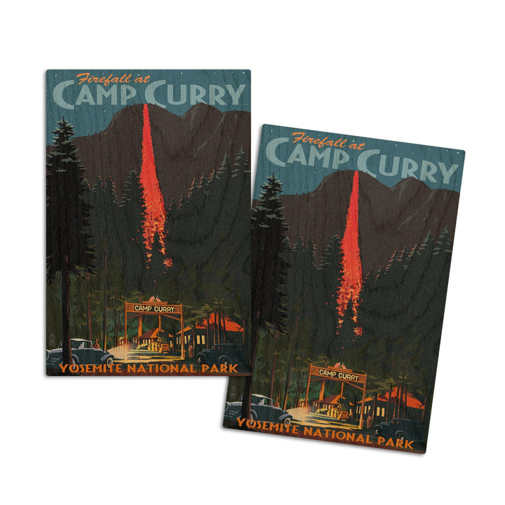 Yosemite National Park, California, Firefall and Camp Curry, Lantern Press Artwork, Wood Signs and Postcards Wood Lantern Press 4x6 Wood Postcard Set 