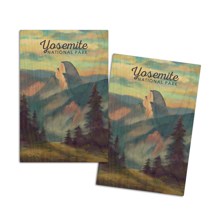 Yosemite National Park, California, Half Dome Scene, Oil Painting, Lantern Press Artwork, Wood Signs and Postcards Wood Lantern Press 4x6 Wood Postcard Set 