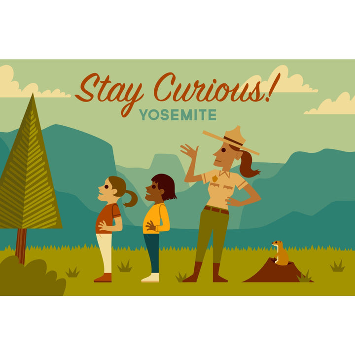 Yosemite National Park, California, Stay Curious, Ranger Scene, Geometric, Lantern Press Artwork, Stretched Canvas Canvas Lantern Press 