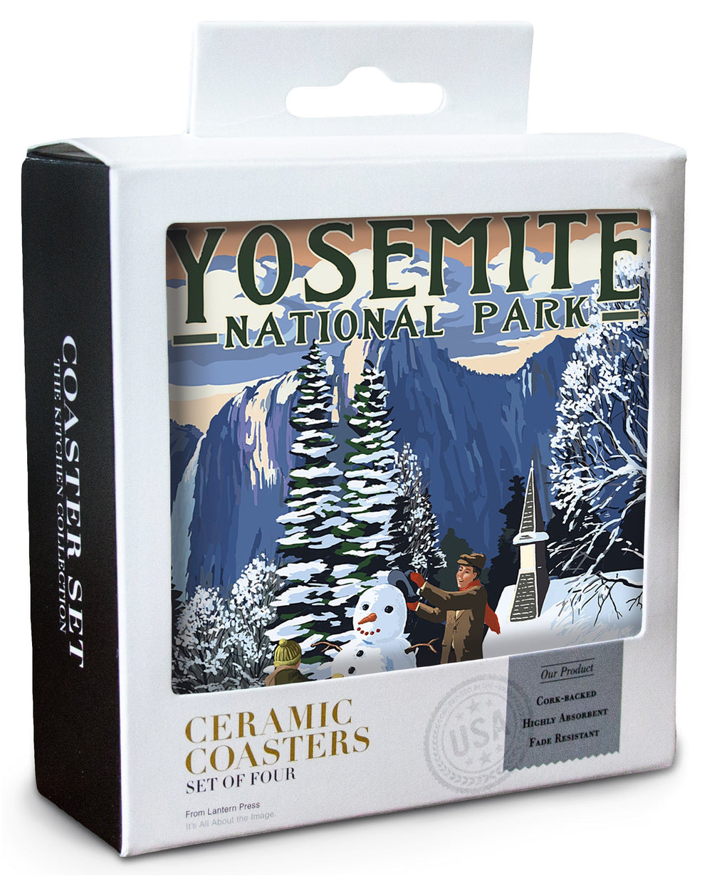 Yosemite National Park, California, Yosemite Chapel and Snowman, Lantern Press Artwork, Coaster Set Coasters Lantern Press 