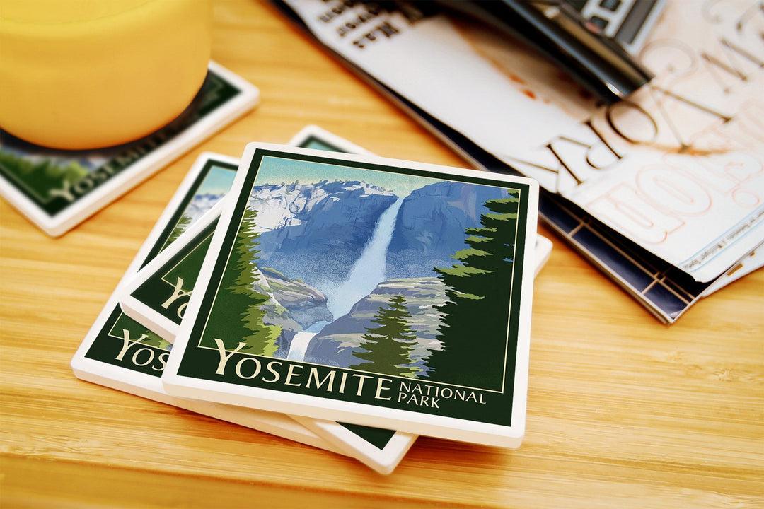 Yosemite National Park, California, Yosemite Falls, Lithography, Lantern Press Artwork, Coaster Set Coasters Lantern Press 