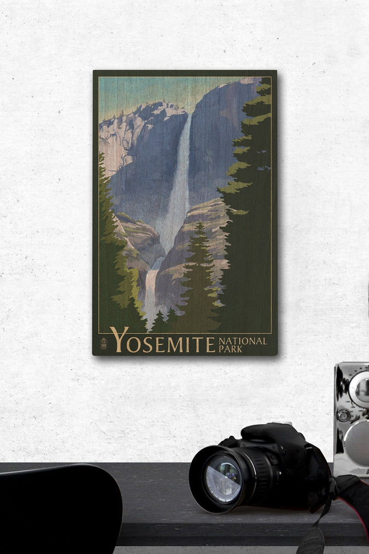 Yosemite National Park, California, Yosemite Falls, Lithography, Lantern Press Artwork, Wood Signs and Postcards Wood Lantern Press 12 x 18 Wood Gallery Print 