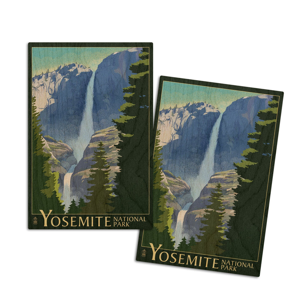 Yosemite National Park, California, Yosemite Falls, Lithography, Lantern Press Artwork, Wood Signs and Postcards Wood Lantern Press 4x6 Wood Postcard Set 