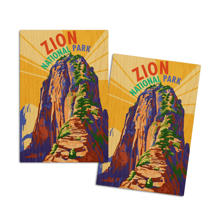 Zion National Park, Angel's Landing Psychedelic, Lantern Press Artwork, Wood Signs and Postcards Wood Lantern Press 4x6 Wood Postcard Set 
