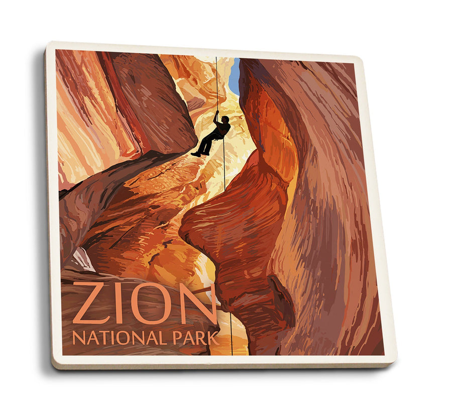 Zion National Park, Canyoneering Scene, Lantern Press Artwork, Coaster Set Coasters Lantern Press 