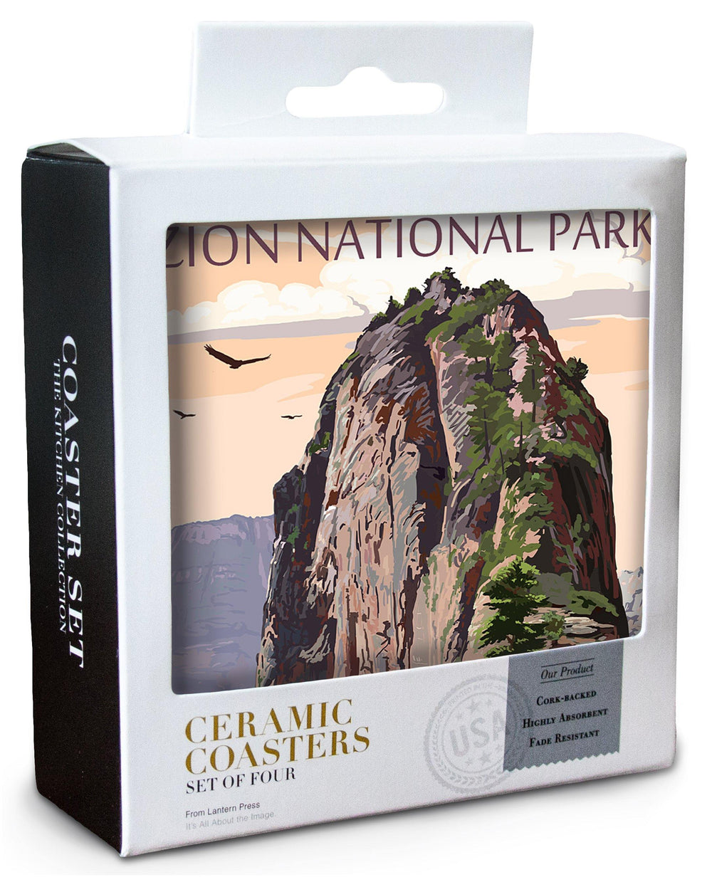 Zion National Park, Utah, Angels Landing & Condors, Lantern Press Artwork, Coaster Set Coasters Lantern Press 