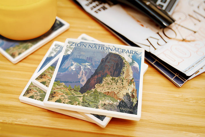 Zion National Park, Utah, Angels Landing, Lantern Press Artwork, Coaster Set Coasters Lantern Press 