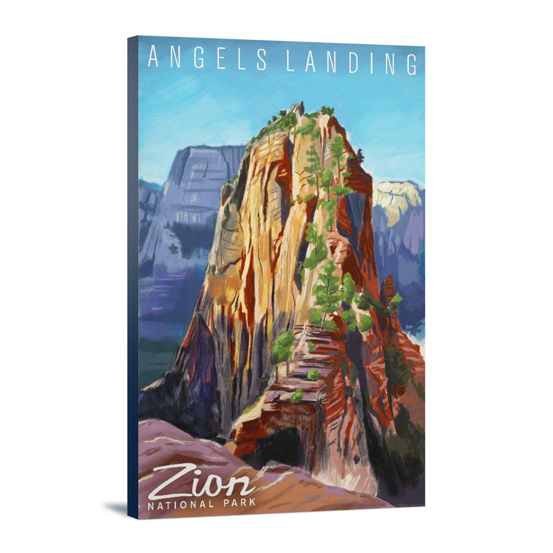Zion National Park, Utah, Angels Landing, Namedrop, Oil Painting, Lantern Press Artwork, Stretched Canvas Canvas Lantern Press 12x18 Stretched Canvas 