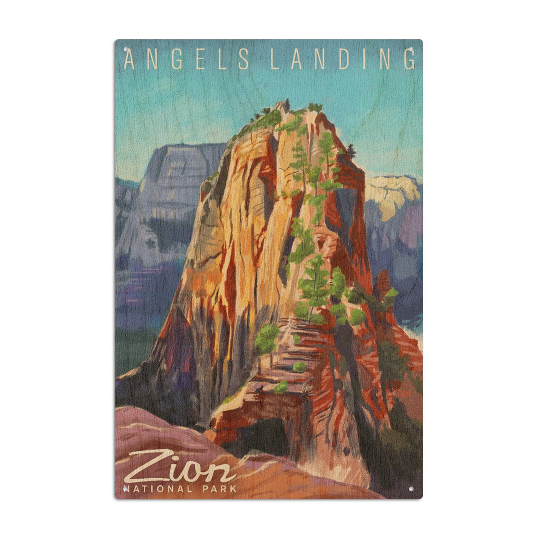 Zion National Park, Utah, Angels Landing, Namedrop, Oil Painting, Lantern Press Artwork, Wood Signs and Postcards Wood Lantern Press 10 x 15 Wood Sign 