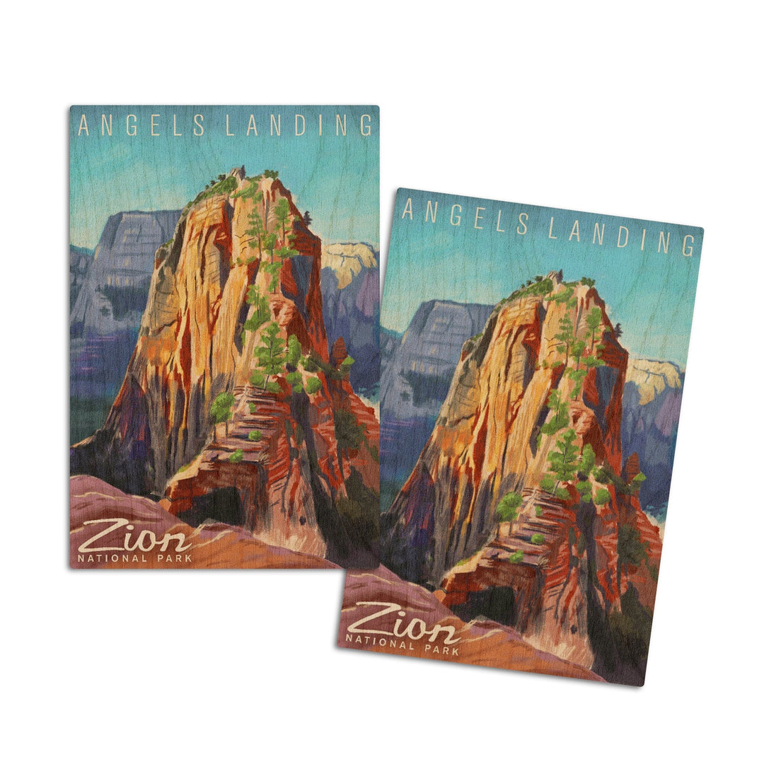 Zion National Park, Utah, Angels Landing, Namedrop, Oil Painting, Lantern Press Artwork, Wood Signs and Postcards Wood Lantern Press 4x6 Wood Postcard Set 