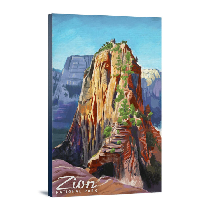 Zion National Park, Utah, Angels Landing, Oil Painting, Lantern Press Artwork, Stretched Canvas Canvas Lantern Press 16x24 Stretched Canvas 