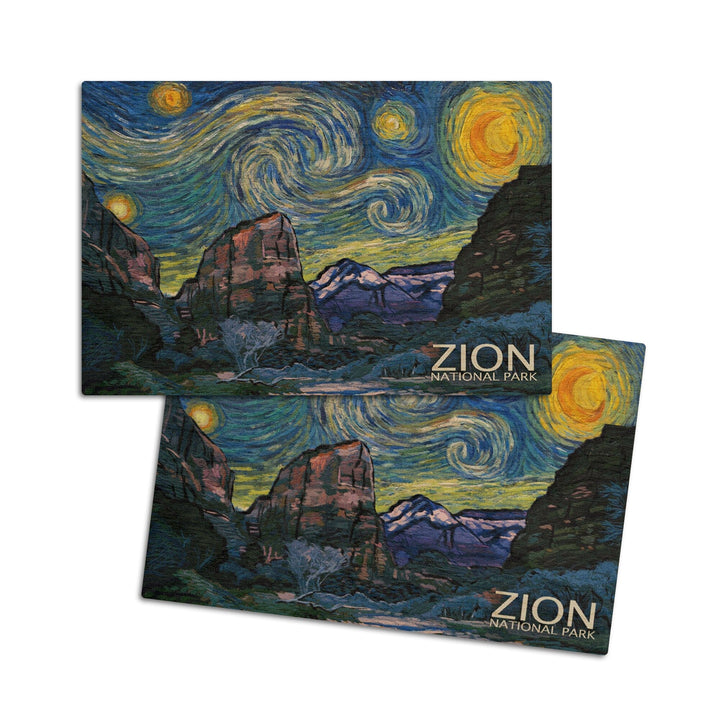 Zion National Park, Utah, Starry Night National Park Series, Lantern Press Artwork, Wood Signs and Postcards Wood Lantern Press 4x6 Wood Postcard Set 