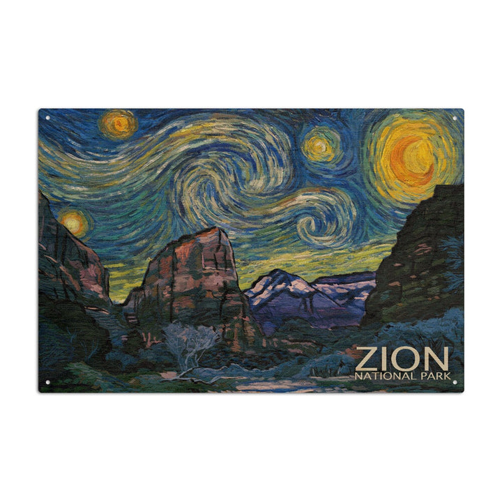 Zion National Park, Utah, Starry Night National Park Series, Lantern Press Artwork, Wood Signs and Postcards Wood Lantern Press 6x9 Wood Sign 