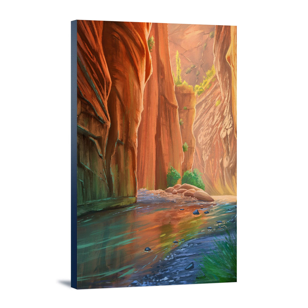 Zion National Park, Utah, The Narrows, Oil Painting, Lantern Press Artwork, Stretched Canvas Canvas Lantern Press 12x18 Stretched Canvas 
