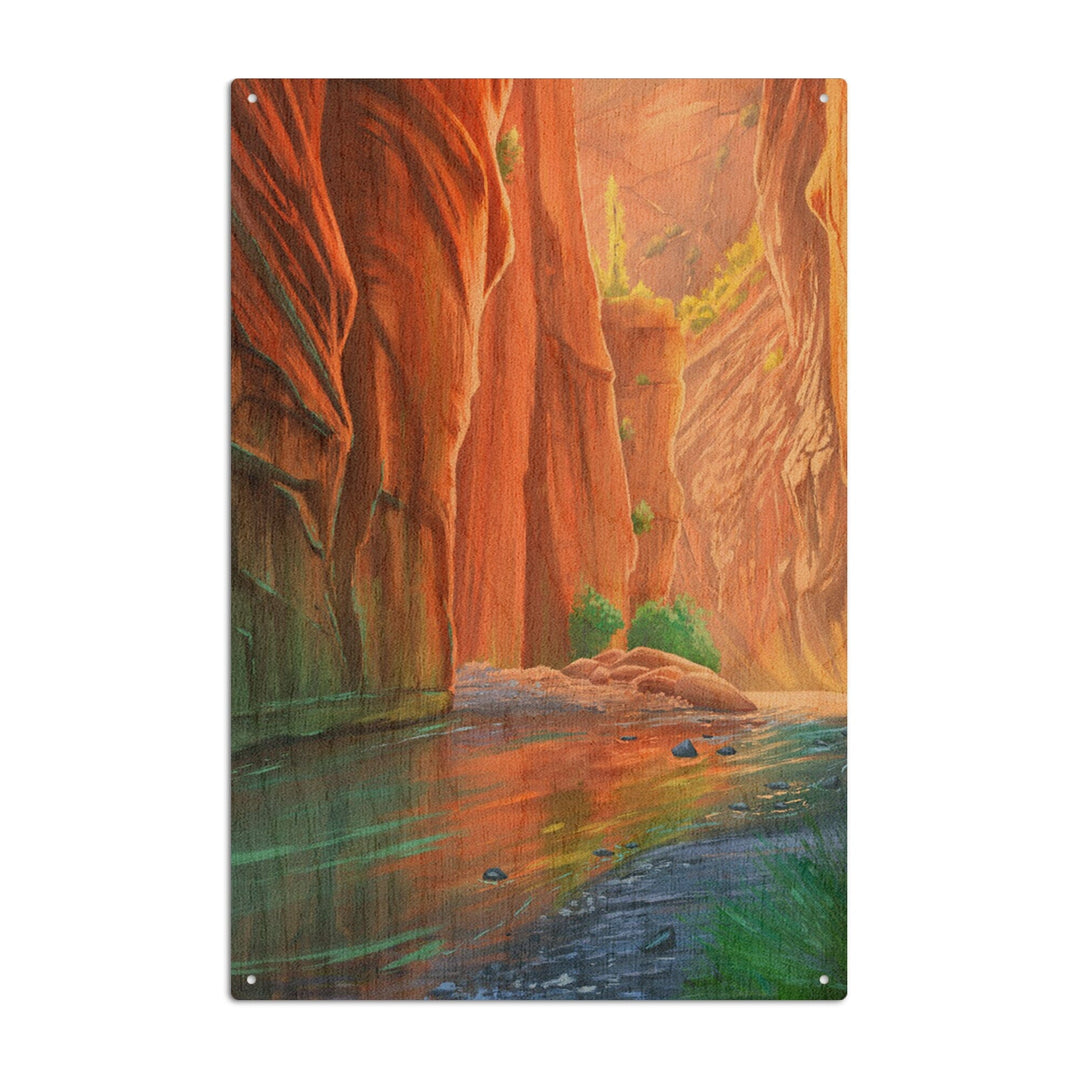 Zion National Park, Utah, The Narrows, Oil Painting, Lantern Press Artwork, Wood Signs and Postcards Wood Lantern Press 10 x 15 Wood Sign 